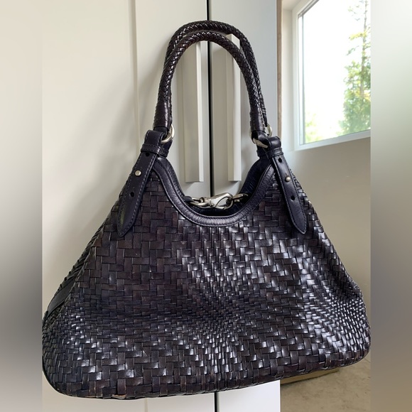 Cole Haan Handbags - Cole Haan Genevieve Woven Triangle Plum
Leather Boho Chic Tote Satchel